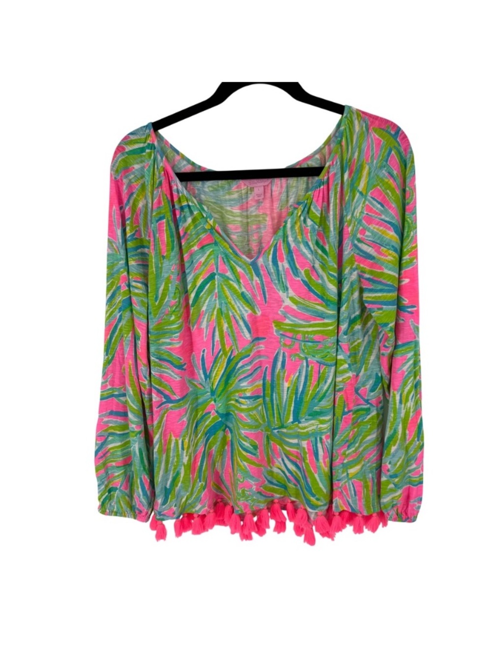 Pink Tropical-Print V-Neck Long Sleeve Top with Tassel Hem